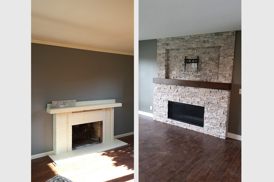 Before (left) and after (right). Added linear gas insert with natural stone and stained cherry mantle