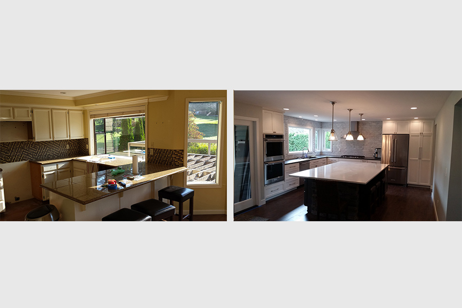 Before (left) and after (right). New layout for kitchen including marble countertops and full wall tile